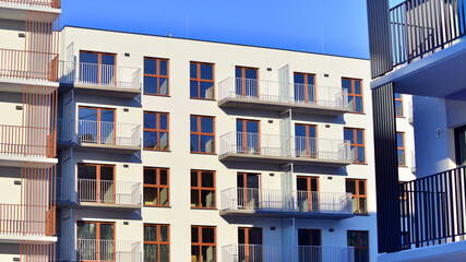 Luxury house complex of flats in condo area . Part of city real estate property, condo architecture on a sunny day no people.