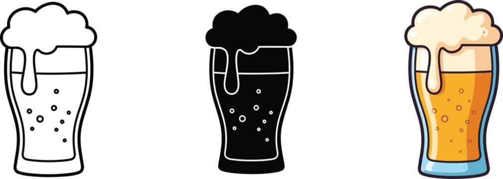 Various styles of refreshing beer glass icon: outline, silhouette, and colored designs