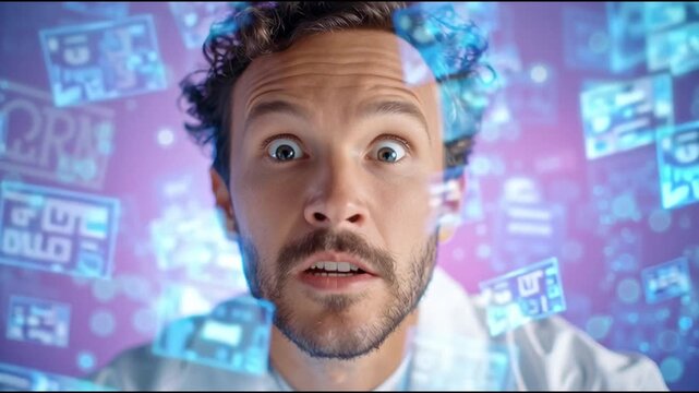 A man in a white shirt shows excitement in a contemporary office setting. Surrounding him are floating digital graphics and data, showcasing innovation and technology.