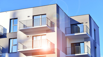 Luxury house complex of flats in condo area . Part of city real estate property, condo architecture on a sunny day no people.