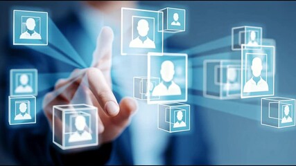 A business professional uses a hand to select digital profiles from an interactive user interface. The scene emphasizes technology and engagement in a corporate environment. - Powered by Adobe