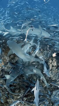 Observe marine life enjoying a feeding frenzy. A plethora of sharks and smaller fish gather around a feeding area, creating an exciting display of underwater activity in the Ocean.