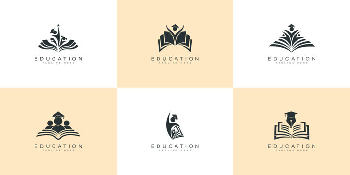 Set of six minimal style educational logos featuring books and academic symbols for school and education.
