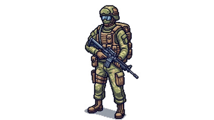 Fototapeta premium A cartoon soldier in full gear holding a rifle in a ready stance