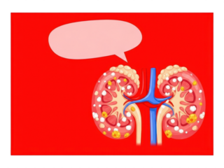 A human kidney with a speech bubble on a red background for medical concepts isolated on transparent background