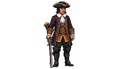 Fototapeta premium A pixel art illustration of a pirate standing with a gun