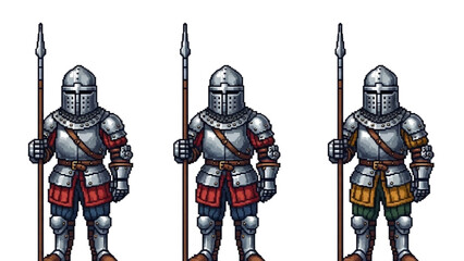 Fototapeta premium A vector graphic illustration of three medieval knights in armor standing with spears