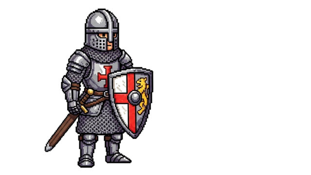 A pixel art illustration of a medieval knight in armor holding a sword and shield
