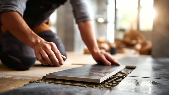 Faceless construction worker precisely placing dark grey ceramic floor tiles defocused adhesive mortar surface background flooring installation technique professional tile