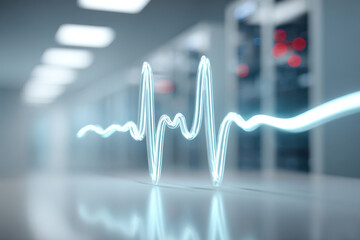 Glowing blue heartbeat line in a medical setting