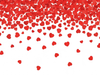 Red heart shapes falling from top on isolated transparent background for valentines day