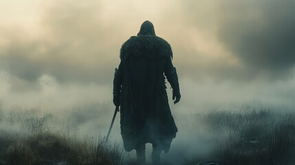 Mysterious Warrior in Foggy Landscape at Dusk
