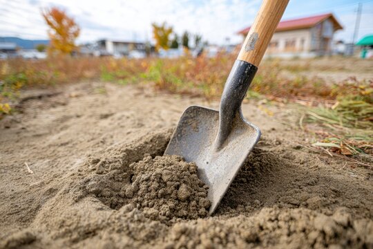 Shovel digging into sandy soil in autumn landscape