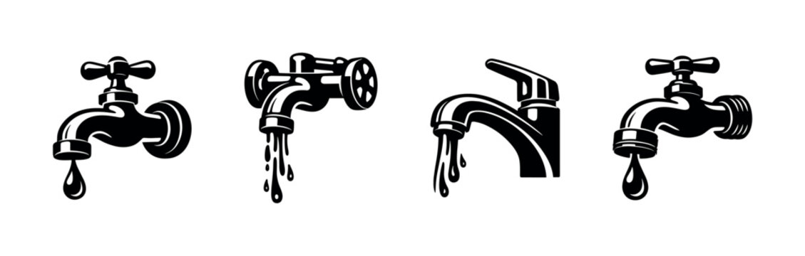 Water faucet vector icons set - taps, plumbing, drip symbols collection