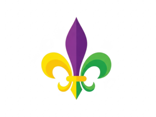 A colorful fleur de lis symbol in purple, yellow, and green hues on a transparent background