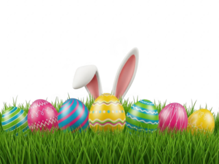 Easter bunny ears behind colorful eggs in grass isolated on transparent background for spring holiday