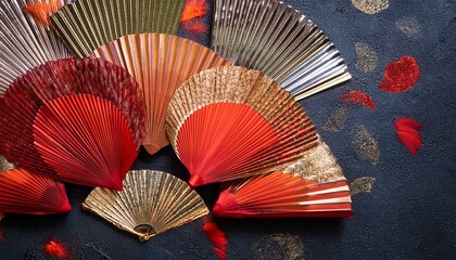 art deco fan with layered teardrop and crescent shapes in red orange and gray outlined in gold against a dark textured backdrop stylish design abstract trend background