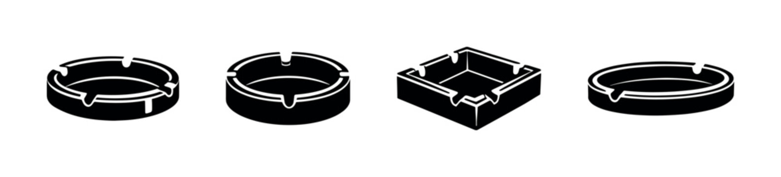 Vector icons set of ashtrays. black solid, outline, round, square smoking symbols