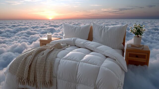 Dreamy bed scene floating above clouds at sunrise with soft bedding, decorative pillows, and cozy throw blanket creating a serene atmosphere for relaxation and comfort in a surreal setting