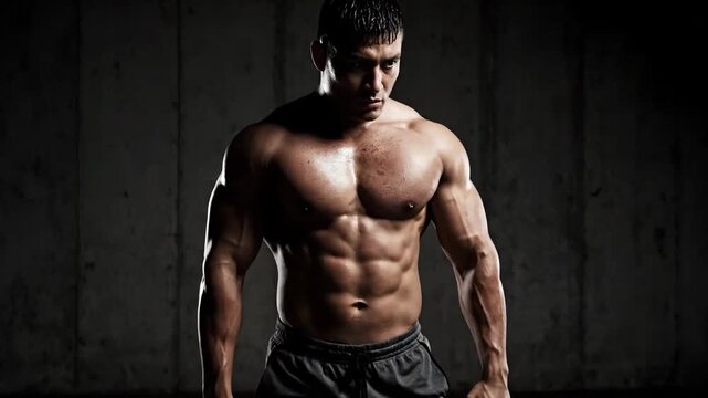 Muscular man with defined abs poses shirtless against a dark, textured background, showcasing his physique.