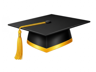 Black graduation cap with gold tassel isolated on transparent background