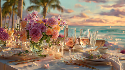 Romantic outdoor dining table setting decorated with fresh flowers and soft candlelight overlooks a tropical beach sunset