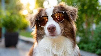 Dog wearing sunglasses indoors, resting calmly at home. Stylish pet portrait. Cozy lifestyle concept, modern home atmosphere, relaxed mood and playful animal fashion