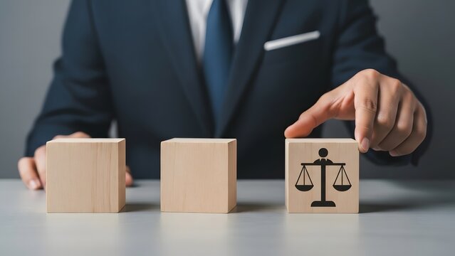 Businessman choosing justice with wooden scales block