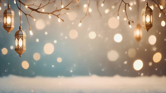 Elegant hanging lanterns on tree branches with warm glowing lights