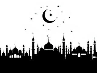 Mosque silhouette with crescent moon and stars at night isolated on transparent background