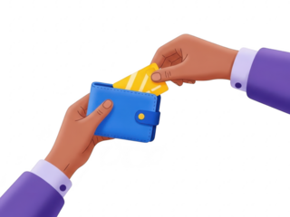 Hands exchanging money from a blue wallet on a transparent background