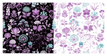 Blooming Meadow Boho Seamless Pattern dark and light background. Hand drawn. Not AI, vector illustration.