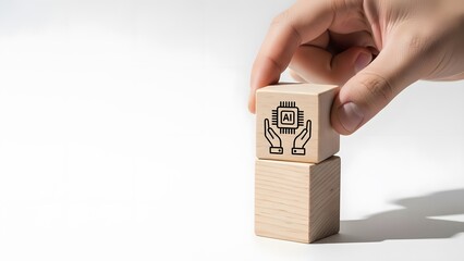 Ethical AI concept with hands holding chip icon on block