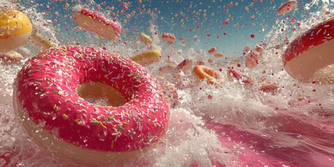 Sweet summer concept featuring strawberry donut rings in dynamic water motion, perfect for playful seasonal marketing visuals