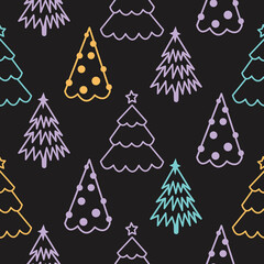 Winter forest kids pattern with pine trees outlines, deep dark background with neon accents.