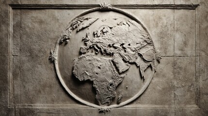 A carved map displays the shapes of continents and oceans on a stone surface, showcasing ancient understanding of geography and exploration.
