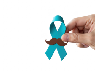 Hand holding blue ribbon with brown mustache on transparent background for prostate cancer awareness campaign