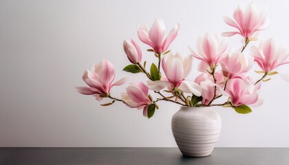 pink magnolia flowers arranged in a elegant vase with a simple white background