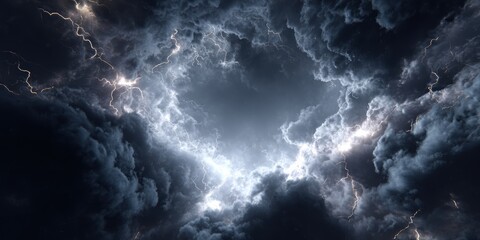 Dramatic swirling storm cloud vortex with lightning bolts in dark sky, powerful thunderstorm energy weather background with surreal glowing spiral light in atmosphere, fantasy nature scene