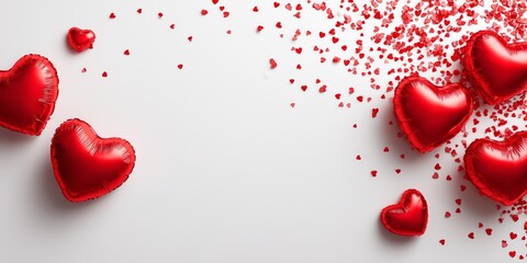 Festive February 14 backdrop featuring shiny heart balloons and heart confetti, ideal for love promos and wedding invitations.