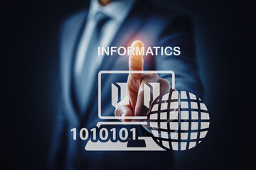 Business professional interacting with a virtual informatics interface, symbolizing data science, digital technology, information systems, and global data connectivity.