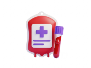 A red blood bag with a purple cross and toothbrush on transparent background for medical and health concepts