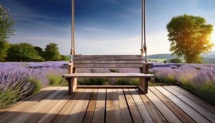 rustic wooden swing adorned with lavender creating a charming atmosphere can also serve as a stylish display podium for showcasing products blending nature with elegance