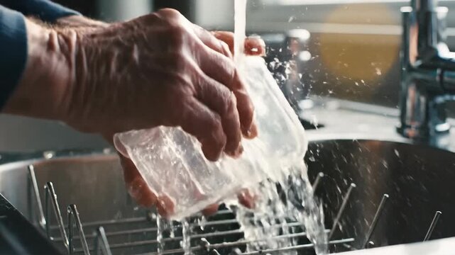 washing dishes in sink, hand cleaning plastic container