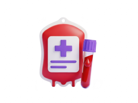 A red blood bag with a purple cross and toothbrush on transparent background for medical and health concepts - Powered by Adobe