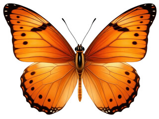 Fototapeta premium Orange butterfly isolated on transparent background with black spots and antennae