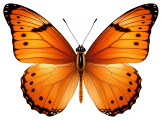 Orange butterfly isolated on transparent background with black spots and antennae