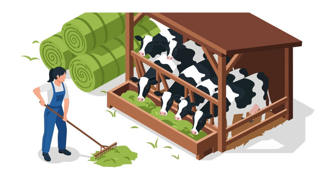 Farm worker feeding cows in isometric style with green fodder and bales
