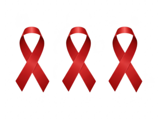 Three red awareness ribbons isolated on transparent background for health and support campaigns