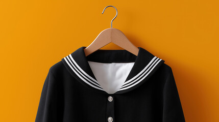Classic black sailor collar dress on hanger against orange background